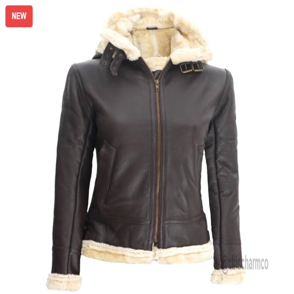 Women's Shearling Leather Jacket with Detachable Hood, Zip Closure - Picture 2 of 3